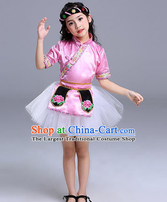 Chinese Ethnic Girl Folk Dance Costume Stage Performance Clothing Salar Nationality Dance Pink Dress Outfit
