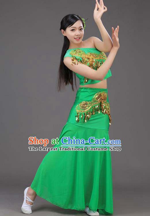 Chinese Dai Nationality Peacock Dance Green Outfit Yunnan Ethnic Folk Dance Dress Pavane Stage Performance Clothing