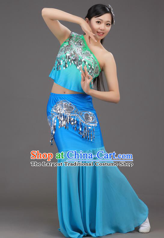 Chinese Pavane Stage Performance Clothing Dai Nationality Peacock Dance Blue Outfit Yunnan Ethnic Folk Dance Dress