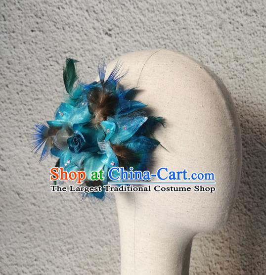 China Stage Performance Headwear Peacock Dance Hair Accessories Pavane Dance Blue Feather Headpiece