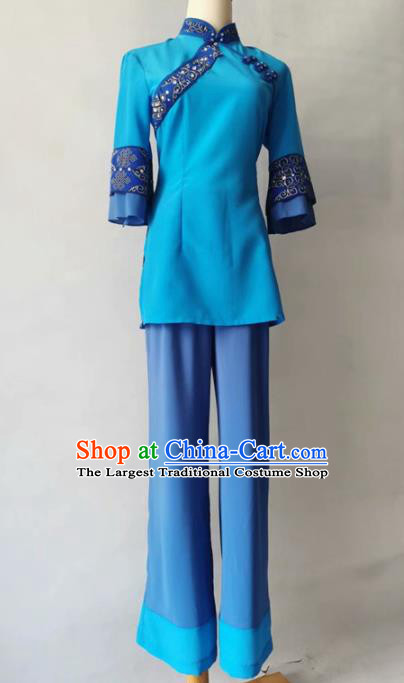Chinese Stage Performance Clothing Folk Dance Blue Outfit Fan Dance Garment Costume
