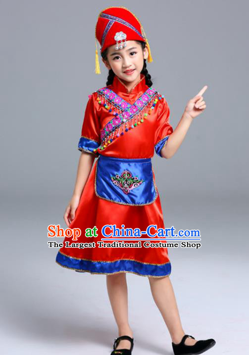 Chinese Stage Performance Clothing Tu Nationality Dance Red Dress Outfit Ethnic Girl Folk Dance Costume