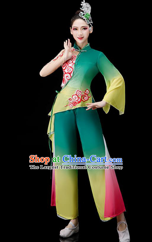 Chinese Jasmine Flower Dance Suit Women Group Dance Clothing Yangko Dance Green Outfit Folk Dance Costume