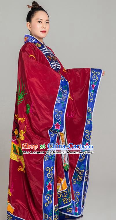 Handmade Taoist Ecclesiastical Costume Top Embroidered Dragon Priest Frock Chinese Traditional Taoism Dark Red Silk Garment