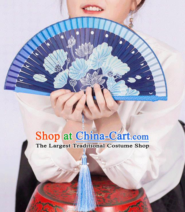 Chinese Painting Lotus Fan Handmade Bamboo Fan Traditional Dark Blue Folding Fans