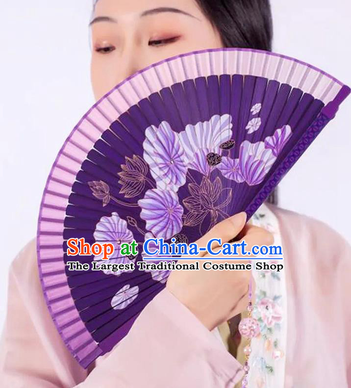 Chinese Handmade Bamboo Fan Traditional Folding Fans Painting Lotus Fan