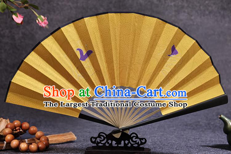 Chinese Traditional Folding Fans Painting Yellow Silk Fan Handmade Bamboo Fan Accordion