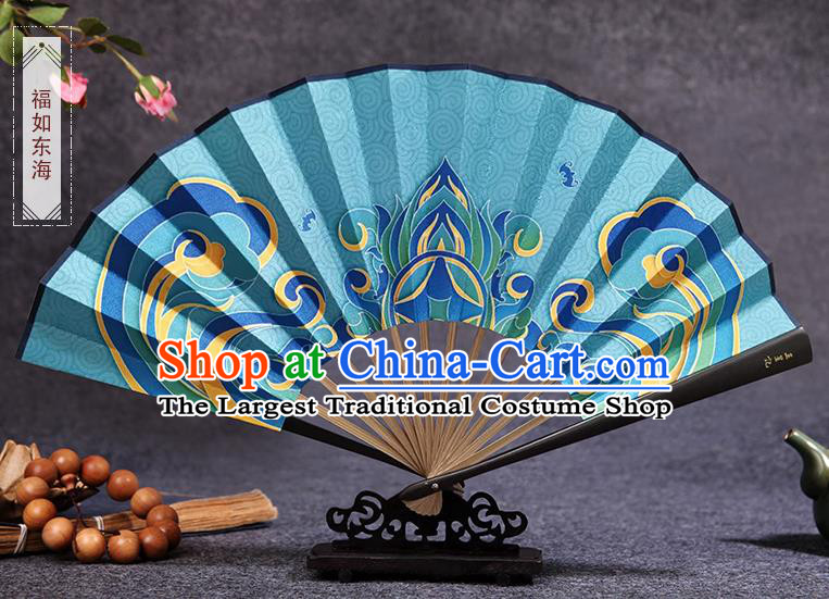 Chinese Bamboo Fan Traditional Folding Fans Painting Blue Silk Fan Handmade Accordion