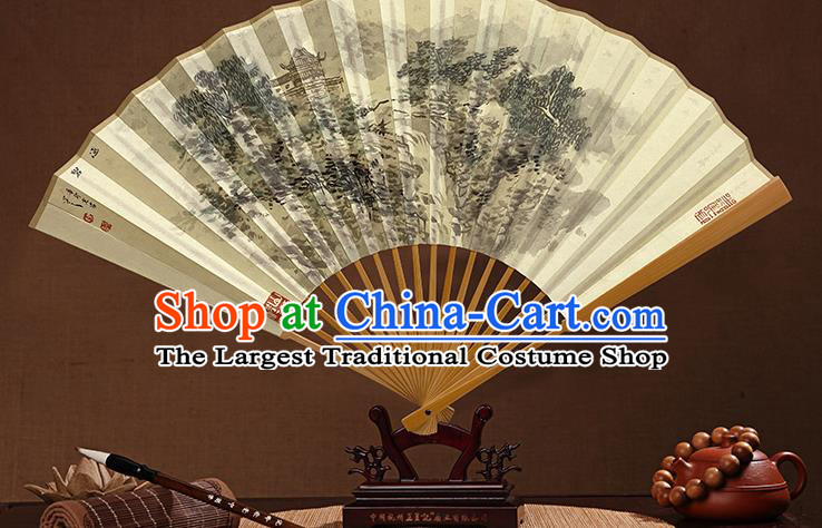 Chinese Traditional Folding Fans Ink Painting Landscape Fan Handmade Xuan Paper Accordion Bamboo Fan