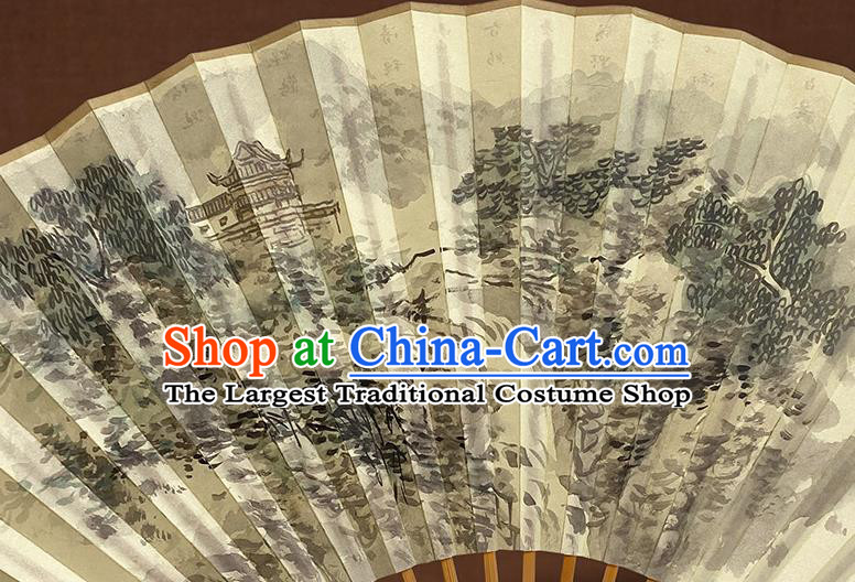 Chinese Traditional Folding Fans Ink Painting Landscape Fan Handmade Xuan Paper Accordion Bamboo Fan