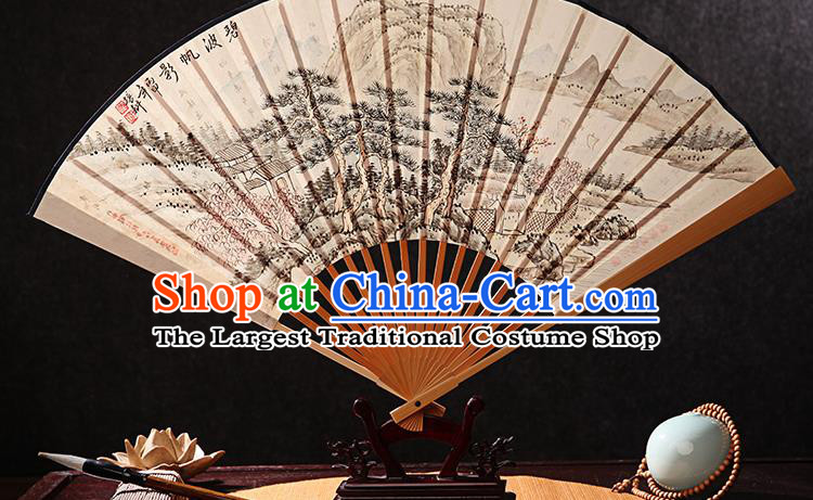 Chinese Ink Painting Landscape Fan Handmade Xuan Paper Accordion Bamboo Fan Traditional Folding Fans