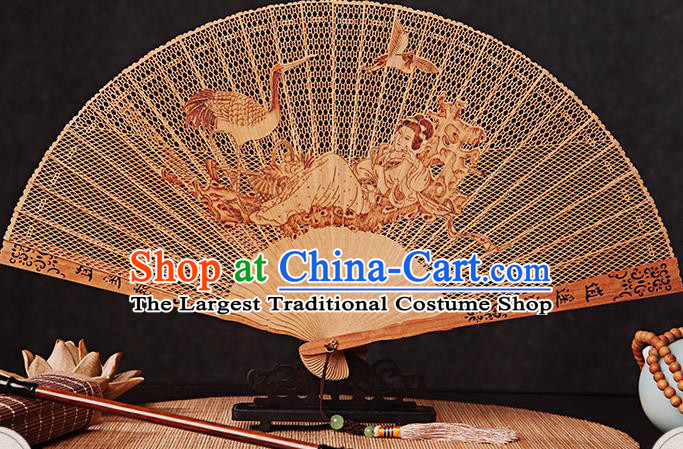 Chinese Handmade Women Accordion Sandalwood Fan Traditional Folding Fans Carved Goddess Crane Fan