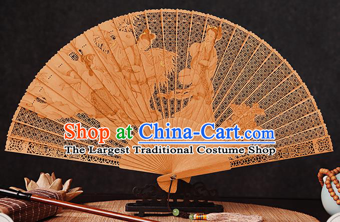 Chinese Carved Beauties Fan Handmade Women Accordion Sandalwood Fan Traditional Folding Fans