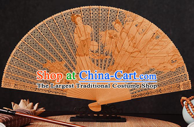 Chinese Traditional Folding Fans Carved Jia Baoyu and Lin Daiyu Fan Handmade Women Accordion Sandalwood Fan