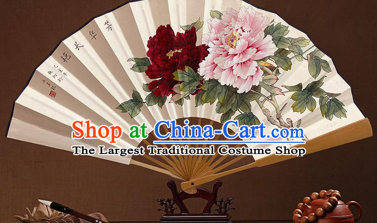 Chinese Handmade Paper Fan Traditional Folding Fans In Painting Peony Fan