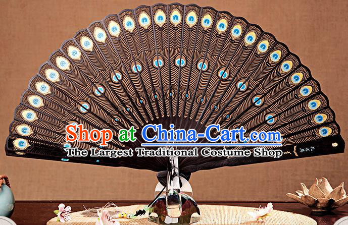 Chinese Carved Peacock Feather Fan Handmade Craft Fan Ebony Accordion Traditional Folding Fans