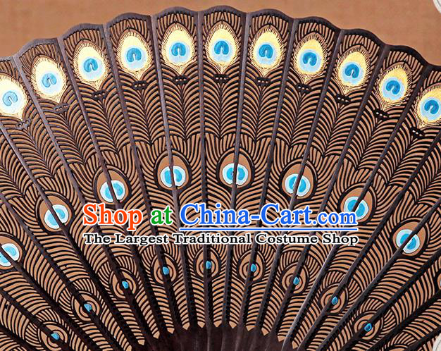 Chinese Carved Peacock Feather Fan Handmade Craft Fan Ebony Accordion Traditional Folding Fans