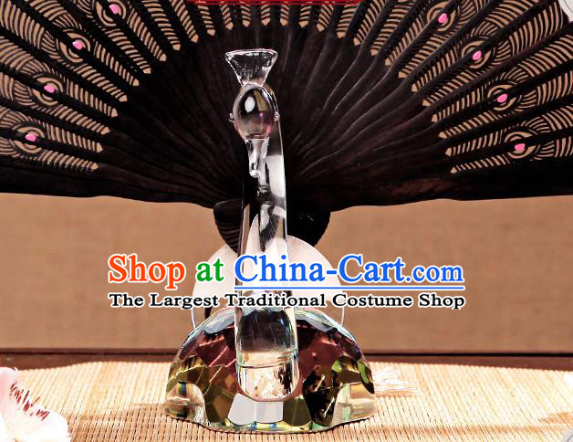 Chinese Traditional Folding Fans Carved Pink Peacock Feather Fan Handmade Craft Fan Ebony Accordion