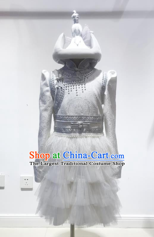 Chinese Mongol Nationality Girl White Short Dress Mongolian Folk Dance Clothing Ethnic Stage Performance Costume