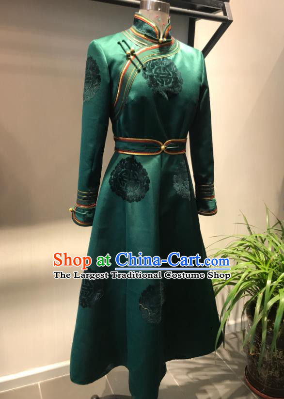 Chinese Ethnic Stage Performance Clothing Mongol Nationality Woman Garment Costume Mongolian Folk Dance Green Dress