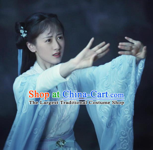 Chinese Wuxia TV Series Swordswoman Garment Costumes Love and Redemption Chu Xuan Ji Apparels Ancient Fairy Blue Dress Clothing