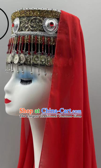 Chinese Uyghur Nationality Woman Tassels Headdress Ethnic Stage Performance Red Veil Hat Xinjiang Minority Dance Headwear