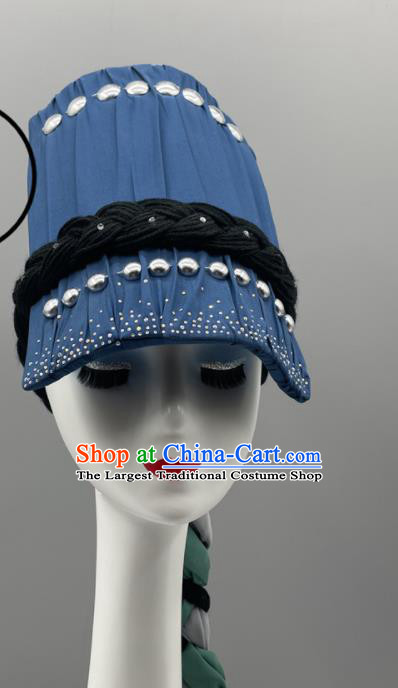 Chinese Yi Nationality Woman Braids Headdress Ethnic Stage Performance Blue Hat Wa Minority Dance Headwear