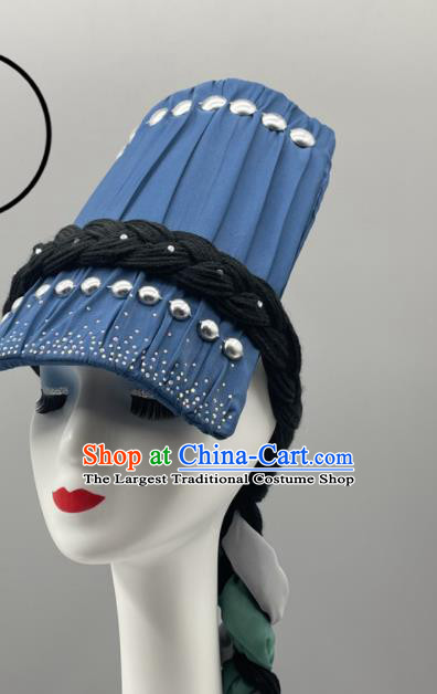 Chinese Yi Nationality Woman Braids Headdress Ethnic Stage Performance Blue Hat Wa Minority Dance Headwear