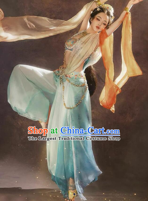 Traditional Chinese Dun Huang Flying Apsaras Costume Ancient Tang Dynasty Dance Lady Dress Fairy Light Blue Hanfu Clothing