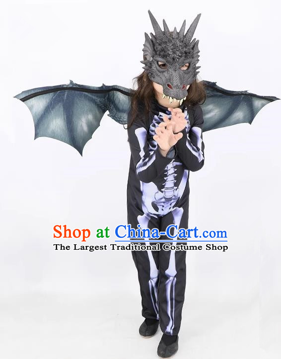 Top Cosplay Dinosaur Dark Gray Mask and Wings Halloween Fancy Ball Costume Carnival Clothing Set