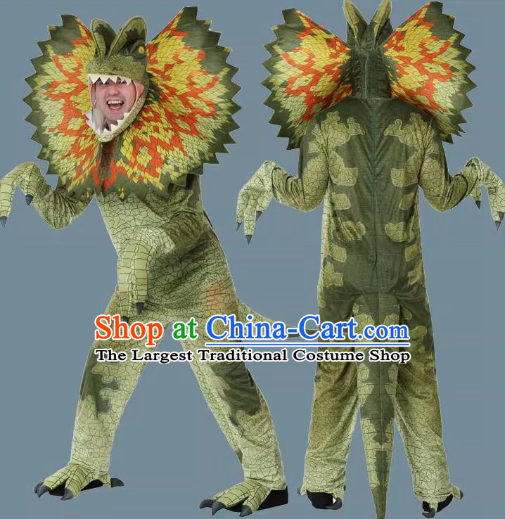 Top Stage Performance Jurassic Dinosaur Clothing Cosplay Dilophosaurus Green Outfit Halloween Party Costume