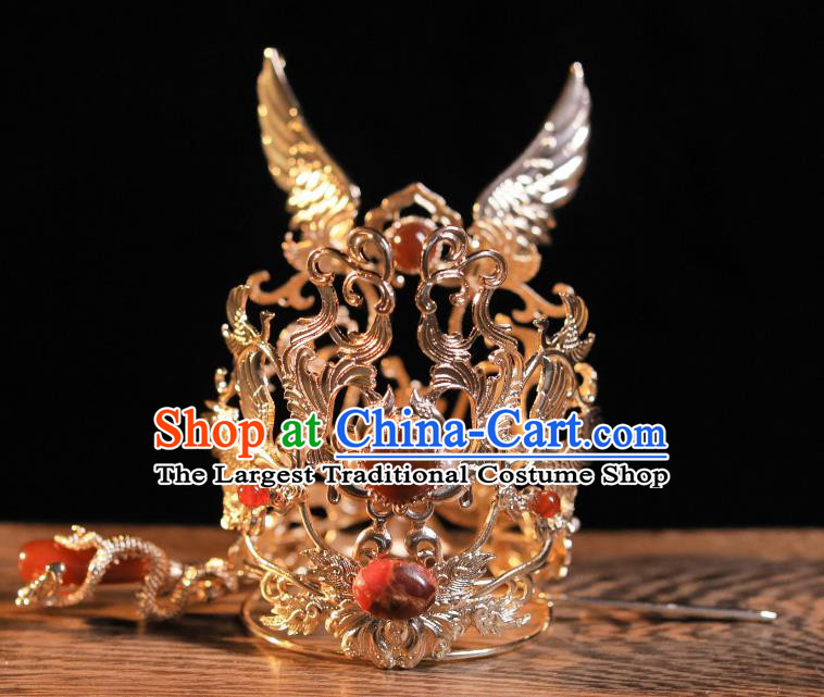 Chinese Ancient Emperor Hair Jewelries Top Hanfu Male Headgear Handmade Golden Crown and Hairpin