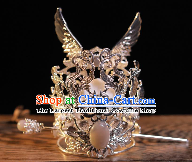 Handmade Silvery Crown and Hairpin Chinese Ancient Prince Hair Jewelries Top Hanfu Male Headgear