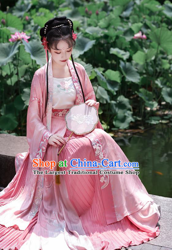 China Ancient Young Lady Clothing Song Dynasty Embroidered Costumes Traditional Hanfu Pink Long Beizi and Skirt Set