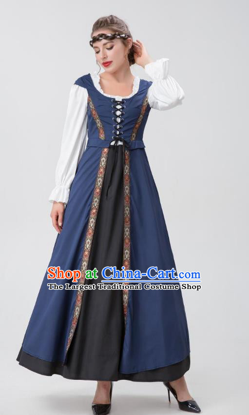 Christmas Drama Performance Costume Medieval European Costume Renaissance Woman Court Dark Blue Long Dress