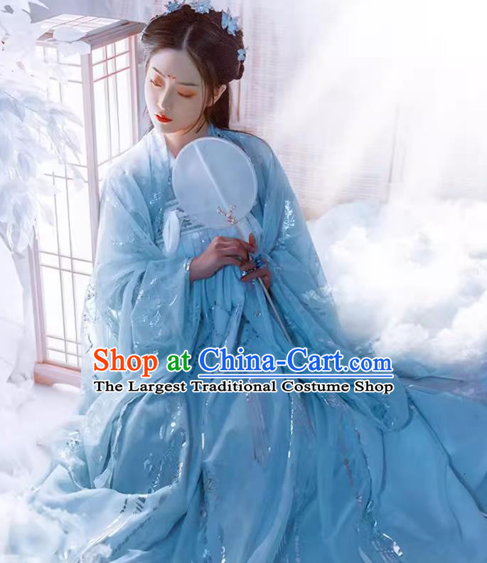China Ancient Fairy Costumes Plus Size Hanfu Blue Qixiong Ruqun Tang Dynasty Princess Clothing