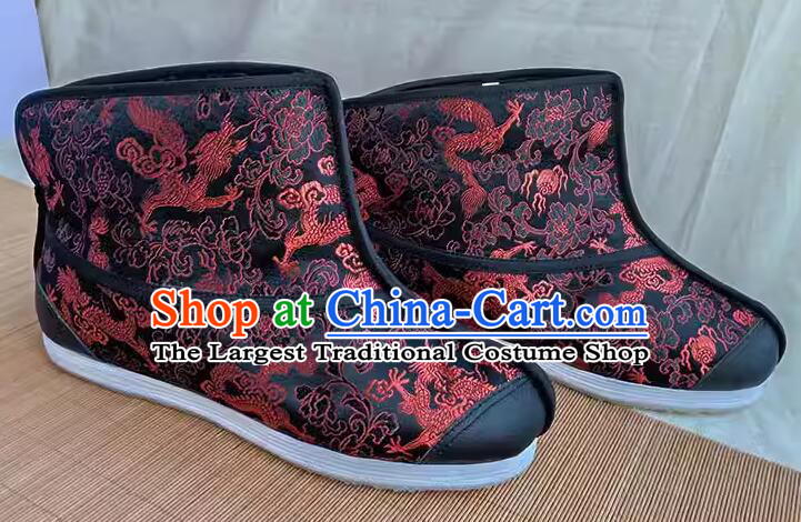 Chinese Old Peking Strong Cloth Soles Shoes Traditional Winter Thermal Boots Handmade Black Brocade Kung Fu Boots