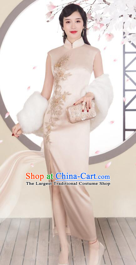 Chinese Champagne Sleeveless Cheongsam Embroidered Beads Long Qipao Elegant Dress