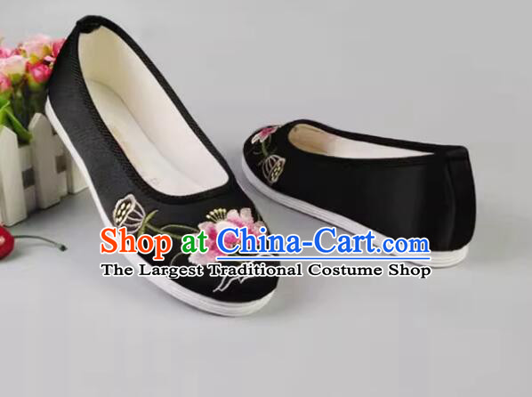 Handmade Old Peking Shoes Black Satin Shoes Chinese Embroidered Shoes