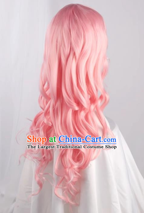 High Temperature Silk Rose Mesh Water Pink Oblique Bangs Big Wavy Long Curly Hair Cos Wig