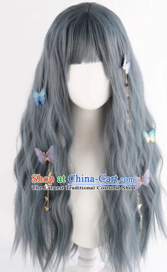 Haze Gray Blue Lo Girl Fake Hair Lolita Curly Hair Full Headset Wig Lolita Female Long Hair