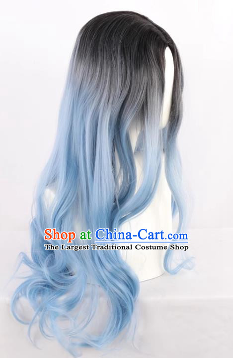 Black Gradient Ice Blue Middle Parted Women Fashion Long Curly Hair High Temperature Silk Prom Performance Full Wig