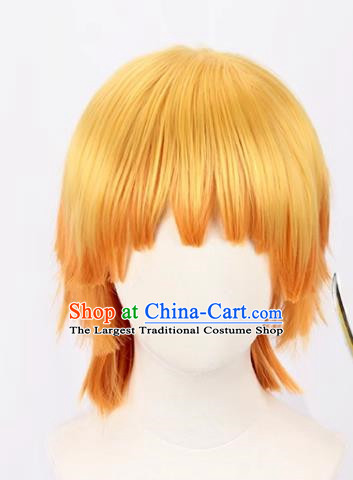 Demon Slayer Cos My Wife Zenitsu Yellow Gradient Orange Curled Short Hair Cosplay Wig