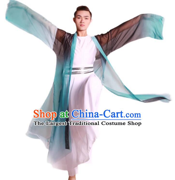 China Han Tang Dance Outfit Classical Dance Costume Stage Performance Clothing Green Outer Garment and White Robe