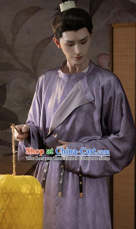 China Tang Dynasty Swordsman Clothing Ancient Young Hero Costumes Traditional Male Hanfu Purple Round Collar Robe