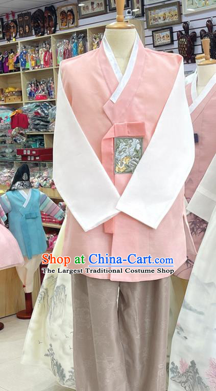 Traditional Hanbok Pink Shirt and Pants Embroidered Male Costumes Korean Wedding Groom Clothing