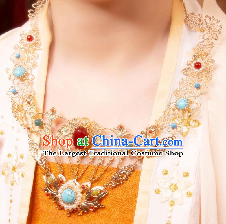 China Tang Dynasty Princess Necklace Handmade Hanfu Ear Jewelry Ancient Dunhuang Fairy Golden Necklet