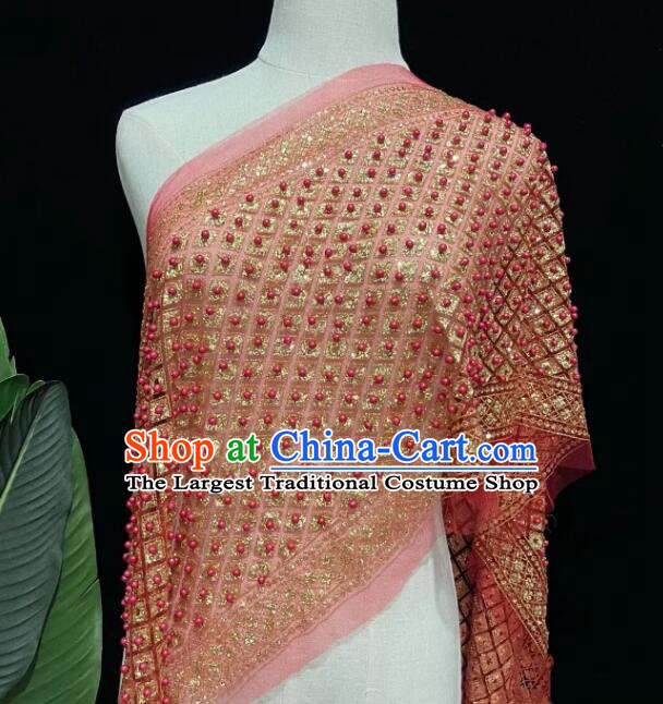 Red Mantilla Thailand Traditional Costume Handmade Embroidered Beads Shawl