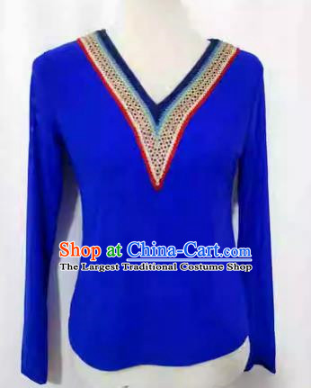 Royal blue China Xinjiang dance costume stretch mesh t-shirt bottoming shirt long sleeve slim fit