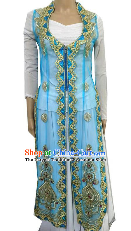 Blue China Xinjiang Dance Costume Transparent Embroidered Tail Long Vest